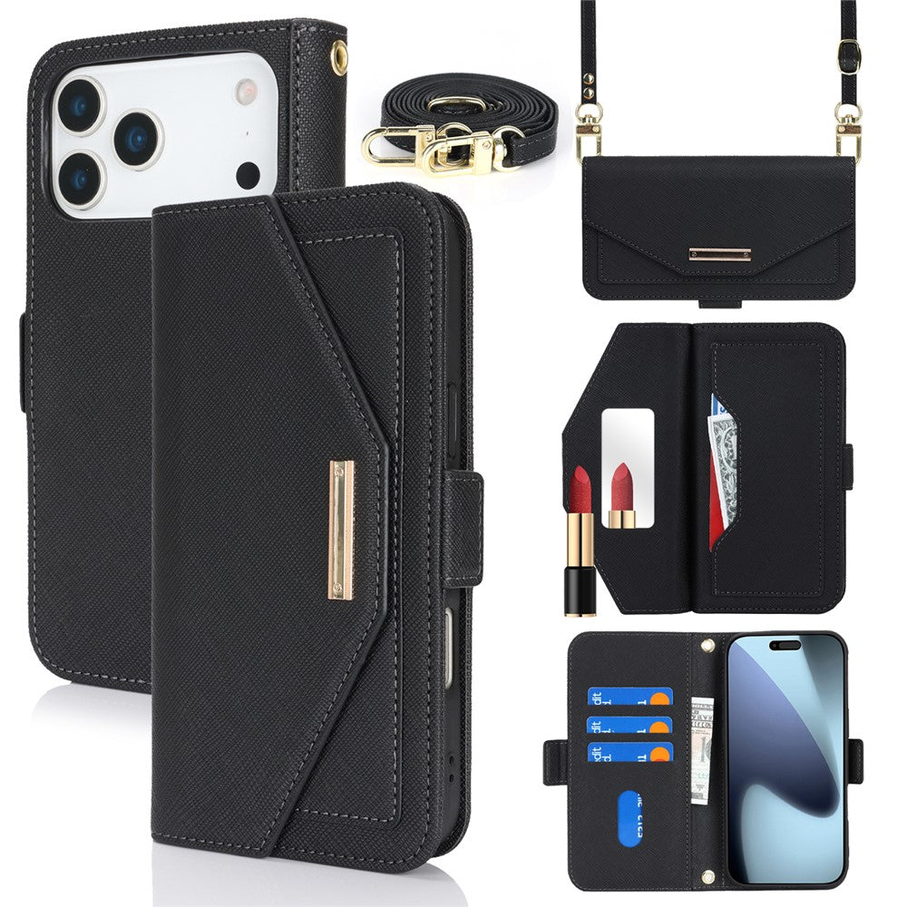 For iPhone 18 Pro / 17 Pro Stand Case Cross Texture PU Leather Wallet Phone Cover with Shoulder Strap / Makeup Mirror