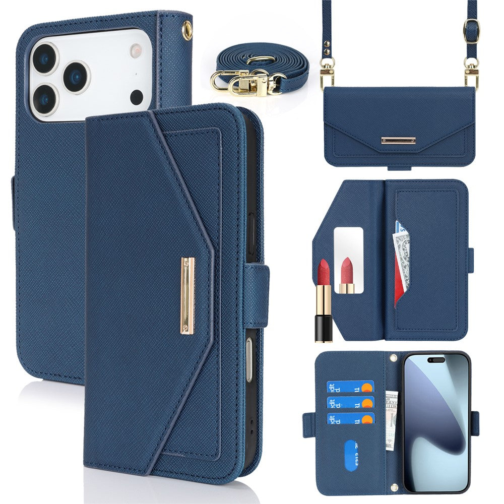 For iPhone 18 Pro / 17 Pro Stand Case Cross Texture PU Leather Wallet Phone Cover with Shoulder Strap / Makeup Mirror