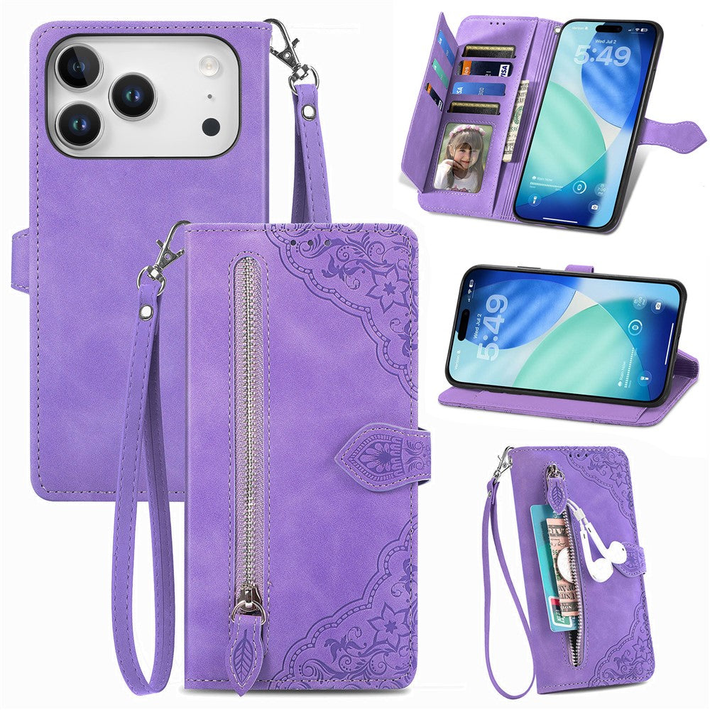 For iPhone 17 Pro Max Zipper Wallet Case with Strap Flower Imprint PU Leather Phone Cover