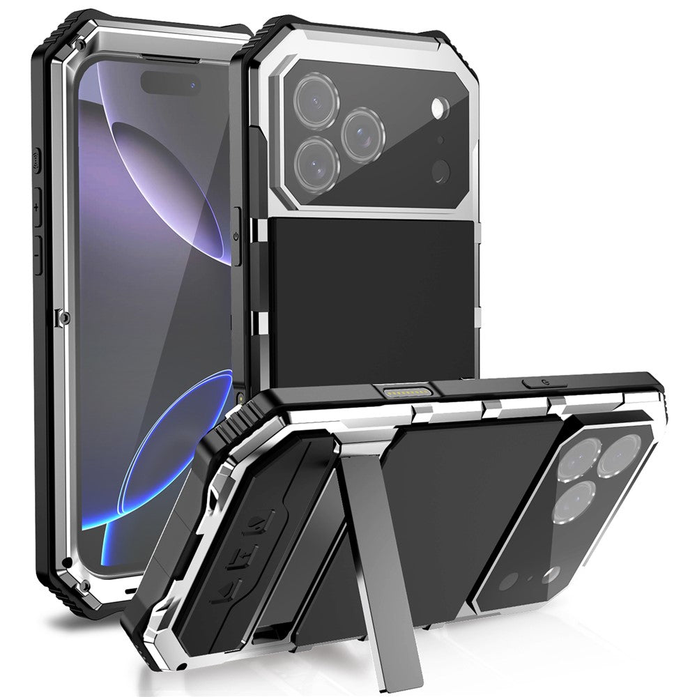R-JUST For iPhone 17 Pro Case PC + Silicone + Metal Kickstand Phone Cover with Tempered Glass Film