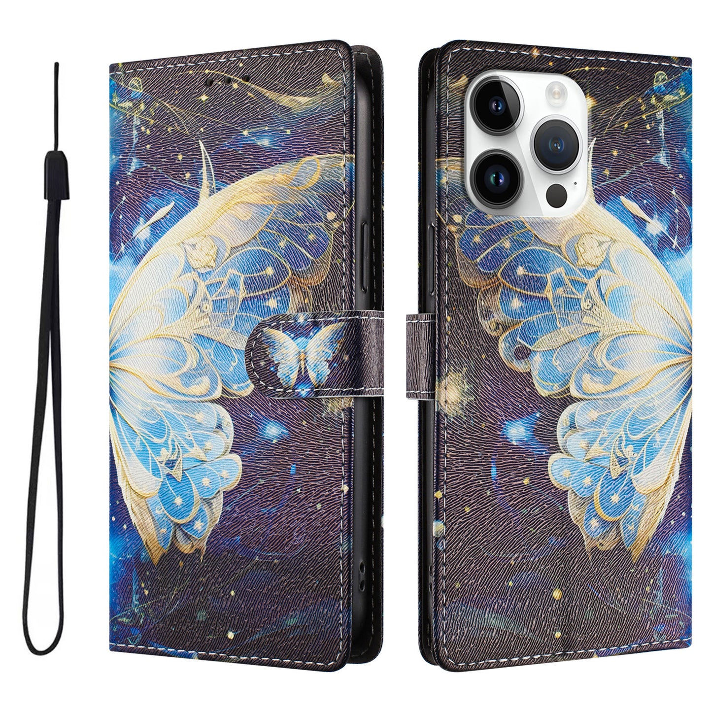 For iPhone 16 Pro Max Case Pattern Print PU Leather Wallet Phone Cover with Wrist Strap