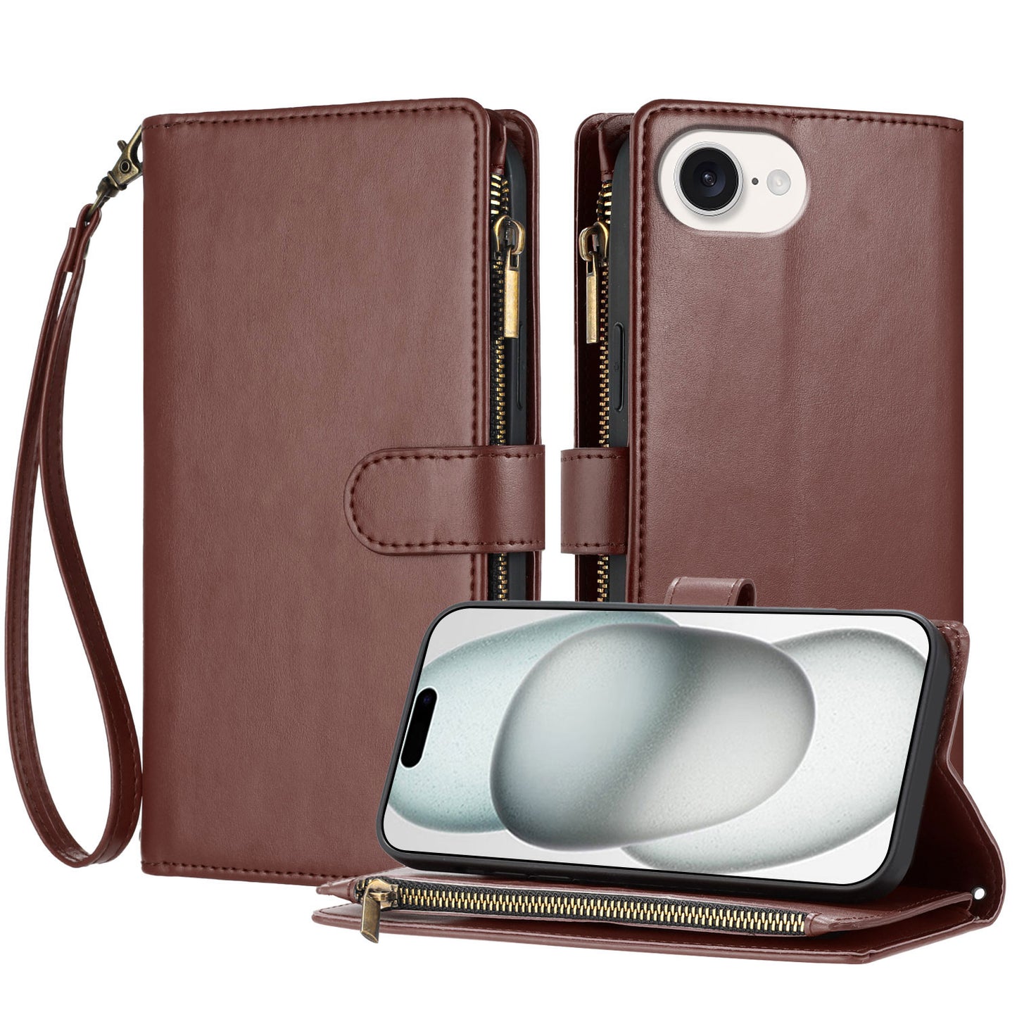 For iPhone 17e / 16e Leather Case Zipper Wallet Stand Shockproof Phone Cover with Wrist Strap