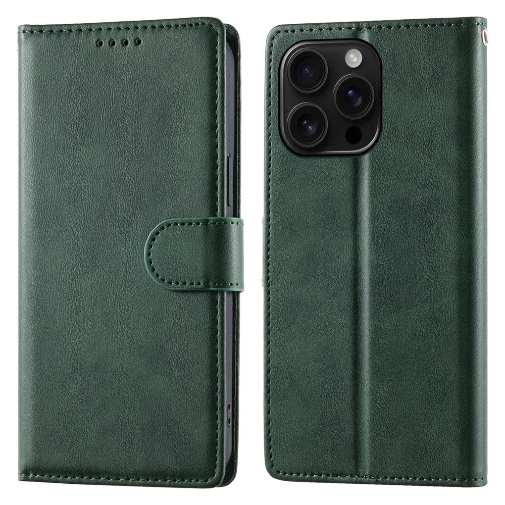 For iPhone 16 Pro Max Case Stand Wallet Calf Texture PU Leather Flip Phone Cover with Wrist Strap