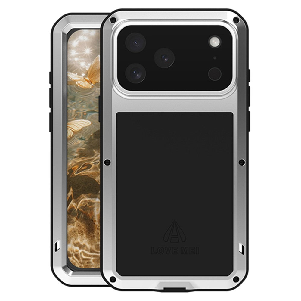 LOVE MEI For iPhone 17 Pro Max Case Tempered Glass Screen Protector Metal + Silicone Phone Cover