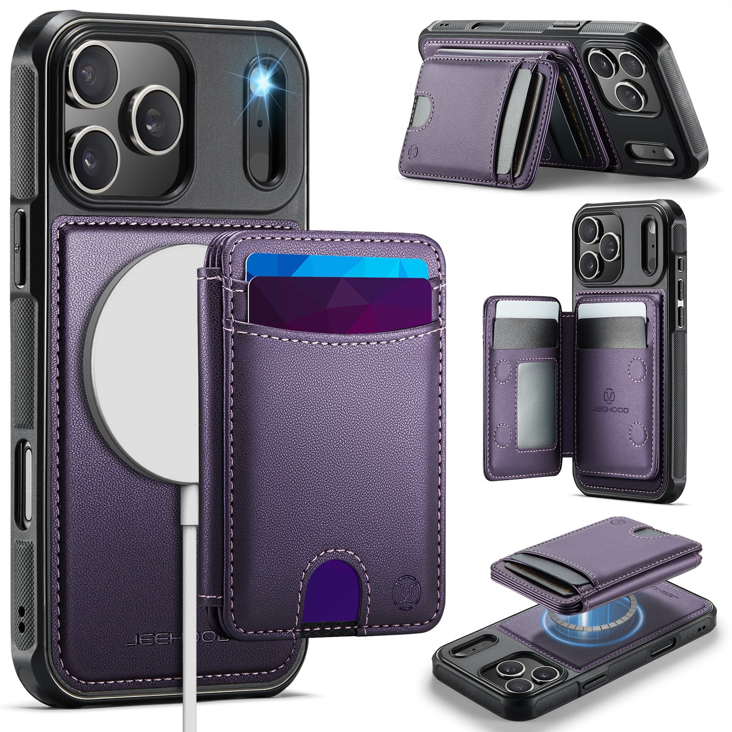 JEEHOOD J10 For iPhone 17 Pro Max Case with Detachable Card Holder Kickstand Compatible with MagSafe Leather Back Phone Cover