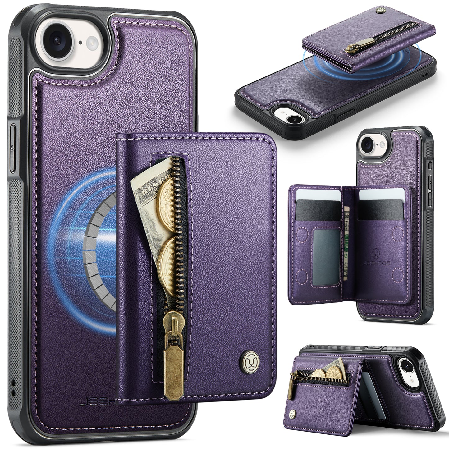 JEEHOOD For iPhone 17e / 16e Case J12 Magnetic Detachable Zipper Wallet Kickstand Leather Back Cover Compatible with MagSafe