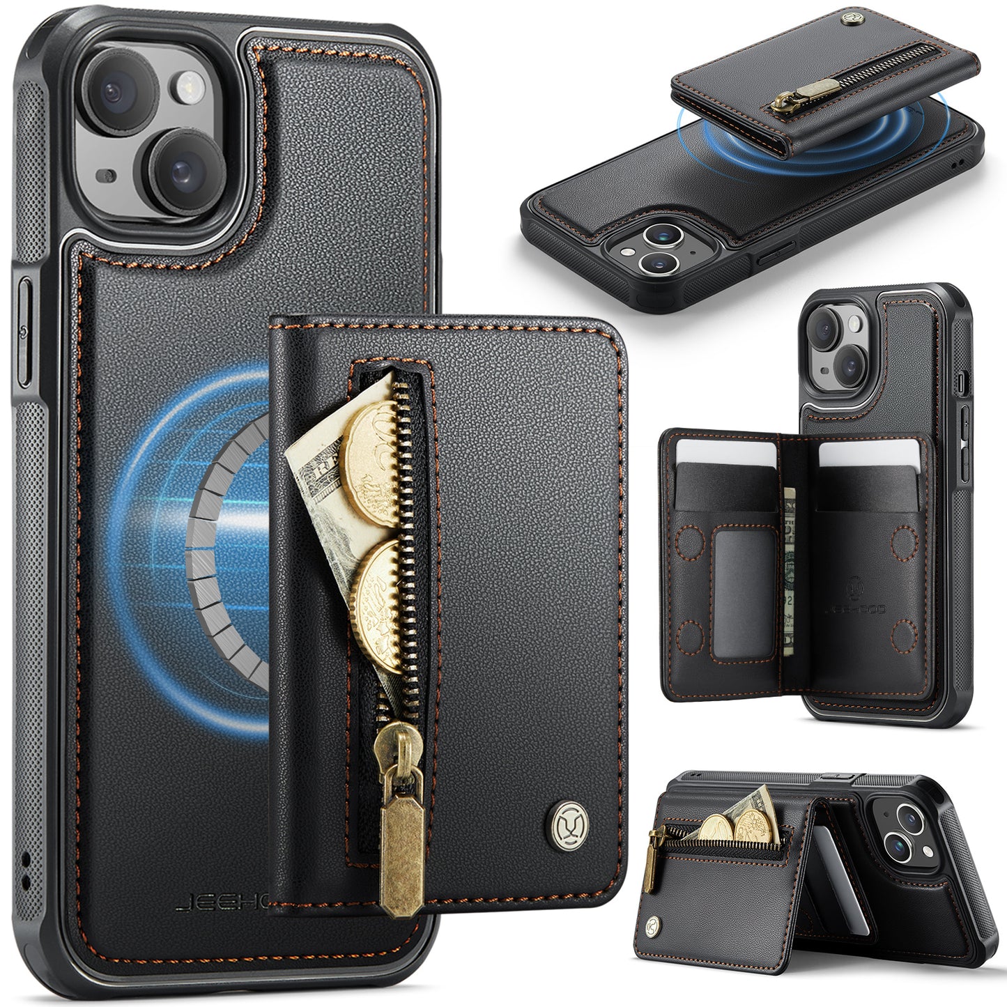 JEEHOOD For iPhone 15 Plus / iPhone 14 Plus Case J12 Magnetic Detachable Zipper Wallet Kickstand Leather Back Cover Compatible with MagSafe