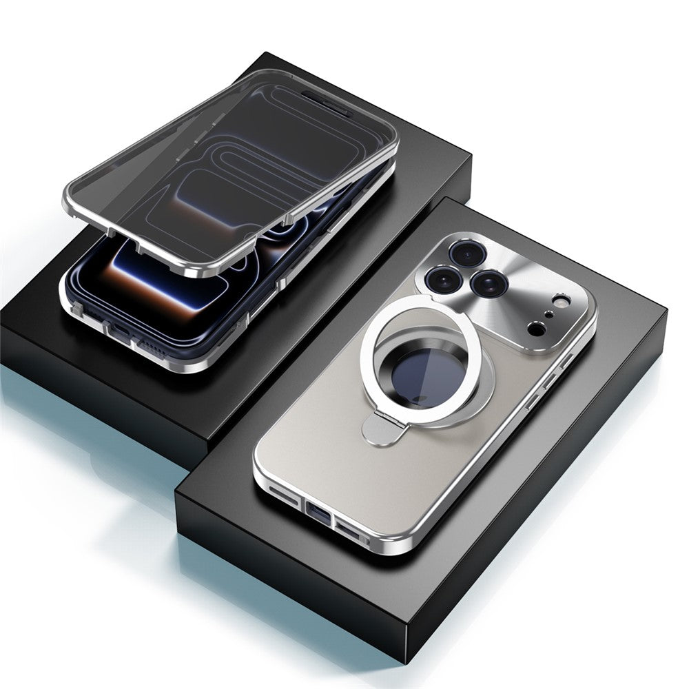 For iPhone 17 Pro Max Magnetic Case PC + Metal Kickstand Phone Cover with Anti-Spy Tempered Glass Film
