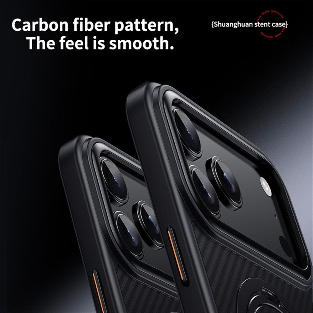 For iPhone 17 Pro Max Case Compatible with MagSafe PC + TPU Phone Cover Ring Holder Carbon Fiber Texture