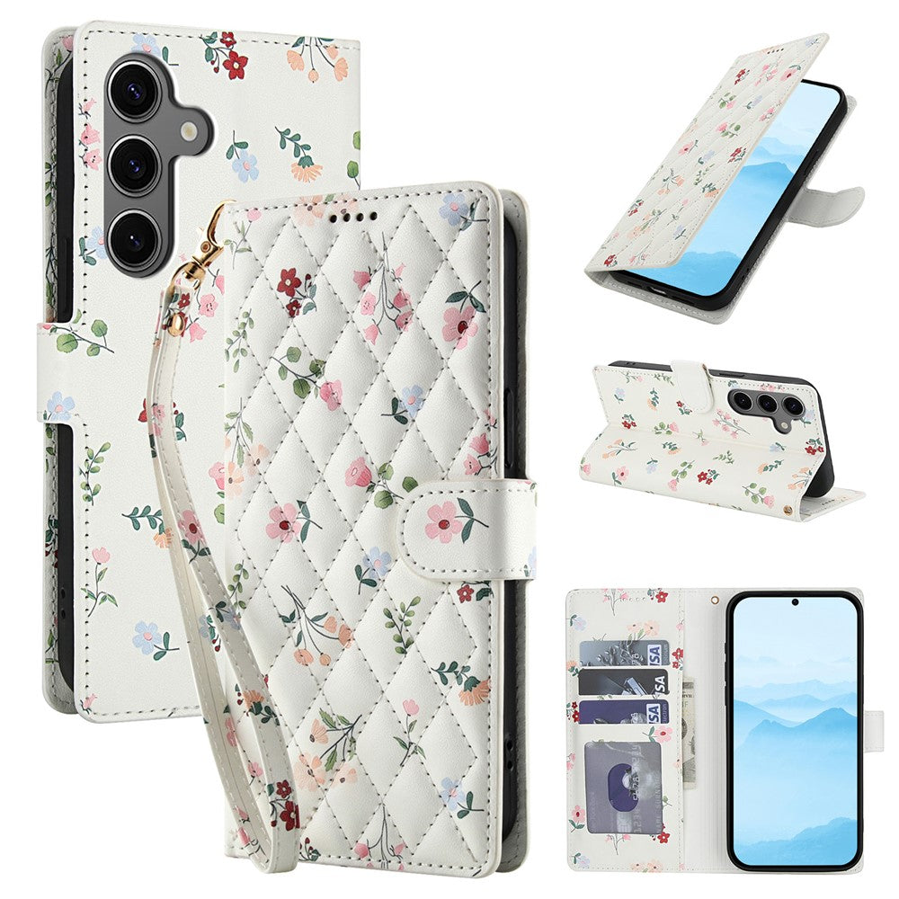 For Samsung Galaxy S26+ Wallet Case Rhombic Floral Design Leather Flip Phone Cover with Strap