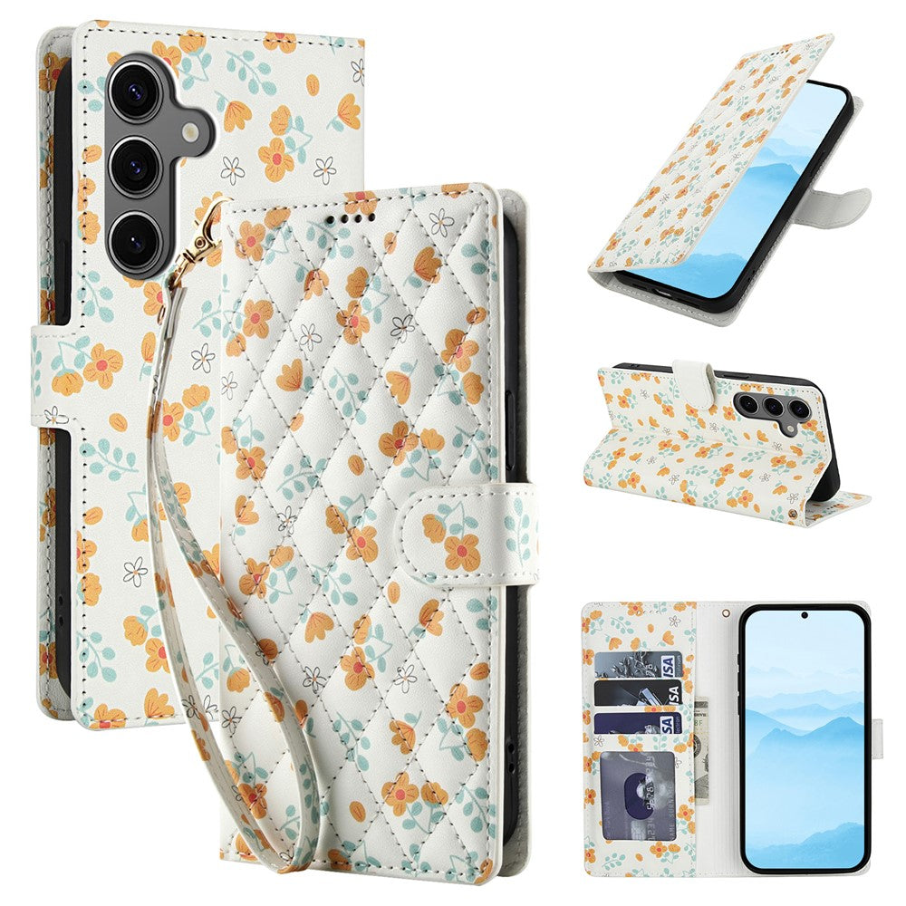 For Samsung Galaxy S26+ Wallet Case Rhombic Floral Design Leather Flip Phone Cover with Strap