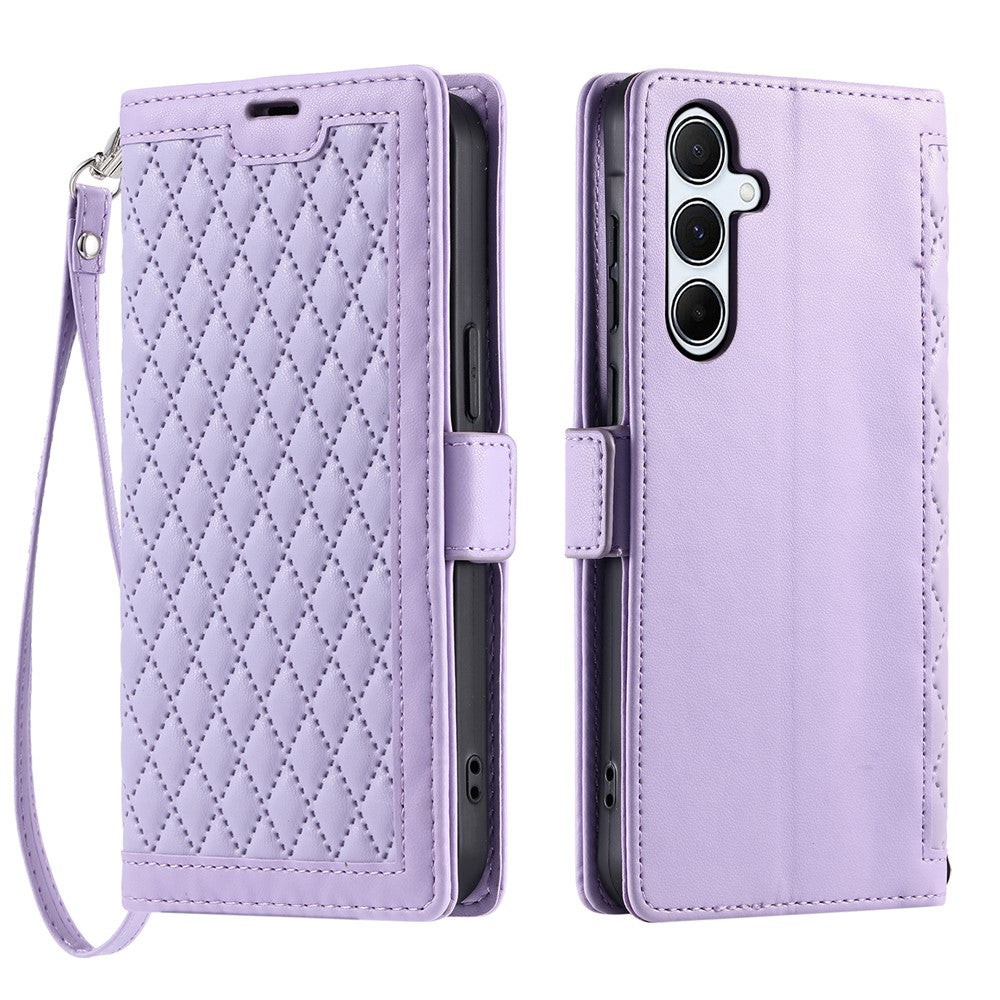 For Samsung Galaxy S26+ Leather Case Rhombus Texture Wallet Stand Phone Cover with Wrist Strap