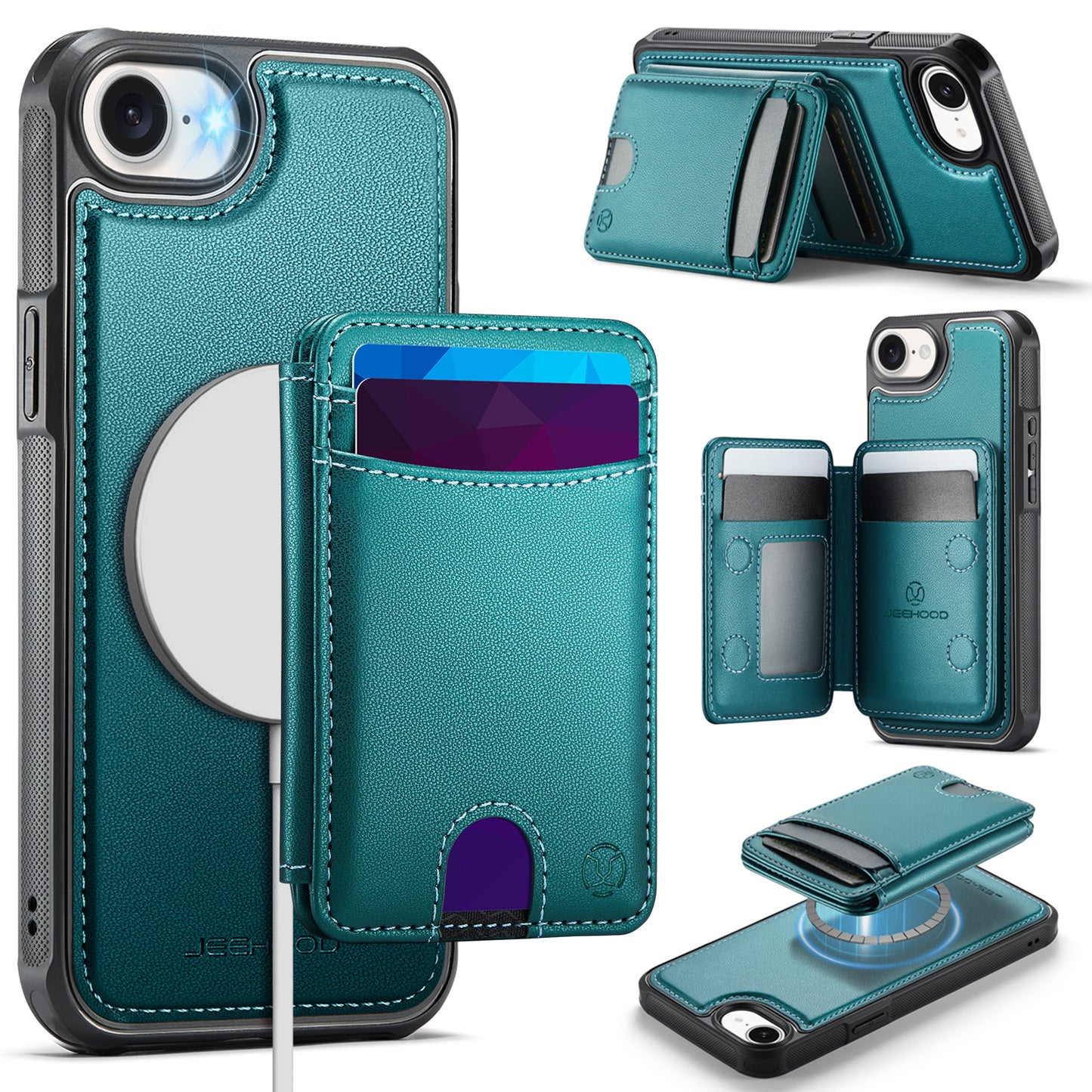 JEEHOOD For iPhone 17e / 16e Case J10 Compatible with MagSafe Leather Back Phone Cover with Detachable Card Holder Kickstand