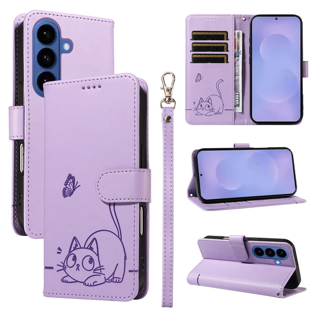 For Samsung Galaxy S26+ Case Cat Pattern Imprint Leather Phone Cover with Wrist Strap