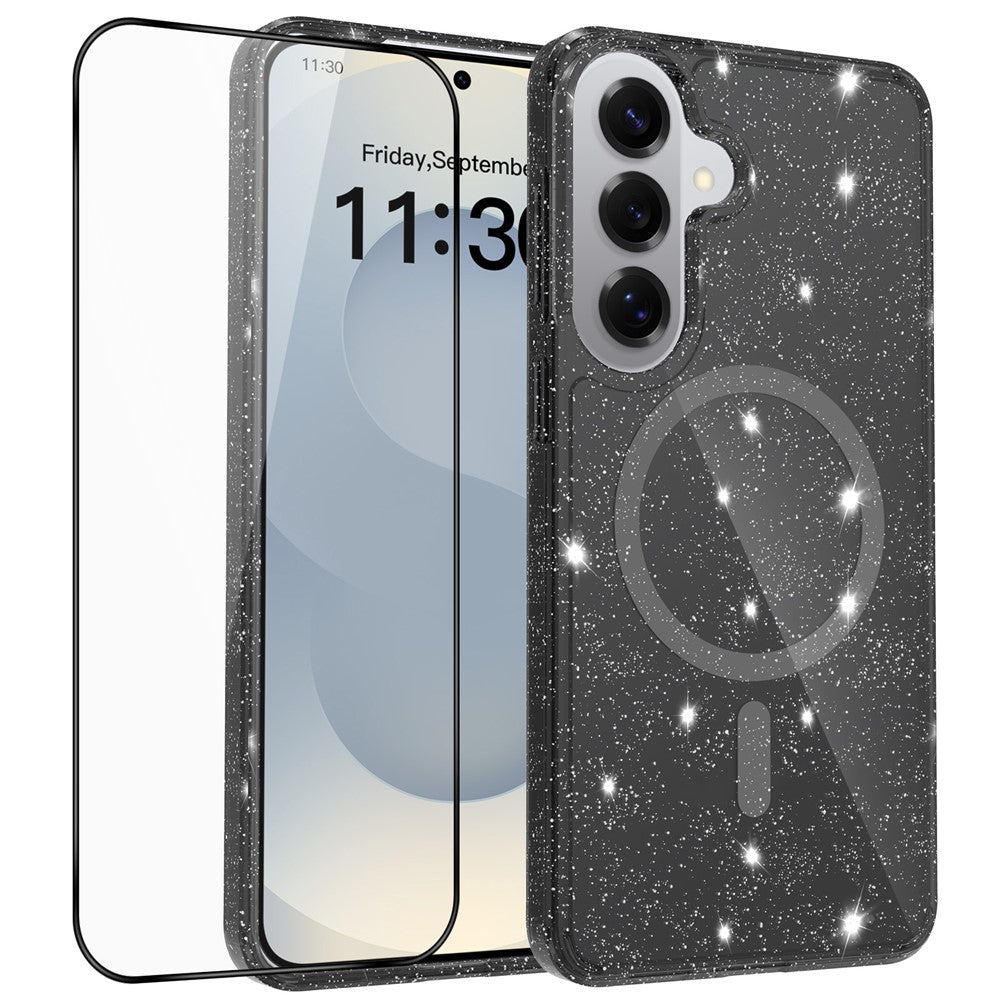 For Samsung Galaxy S26+ Magnetic Case Glitter Powder TPU Scratch-proof Phone Cover with Tempered Glass