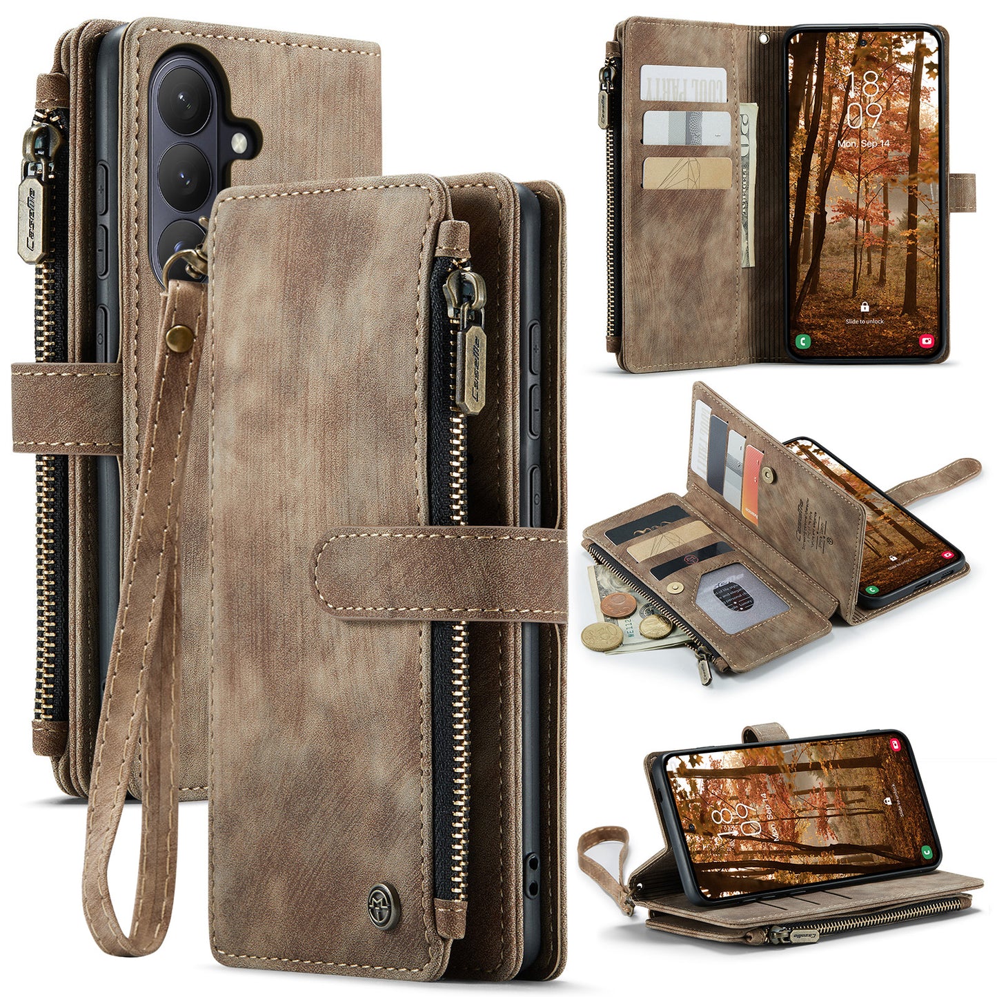 CASEME For Samsung Galaxy S26+ Phone Cases with Strap C30 Zipper Multiple Card Holder PU Leather Cover