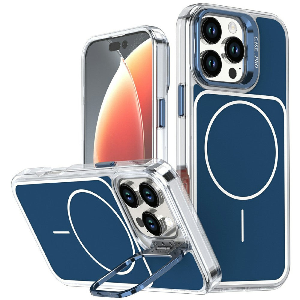 For iPhone 16 Pro Max Magnetic Case Matching Color Lens Kickstand TPU PC Phone Cover Compatible with MagSafe