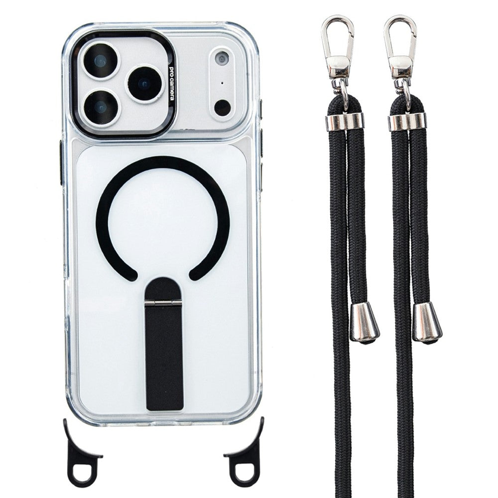 For iPhone 17 Pro Max Magnetic Phone Case Acrylic PC Back Cover with Adjustable Strap Kickstand Compatible with MagSafe
