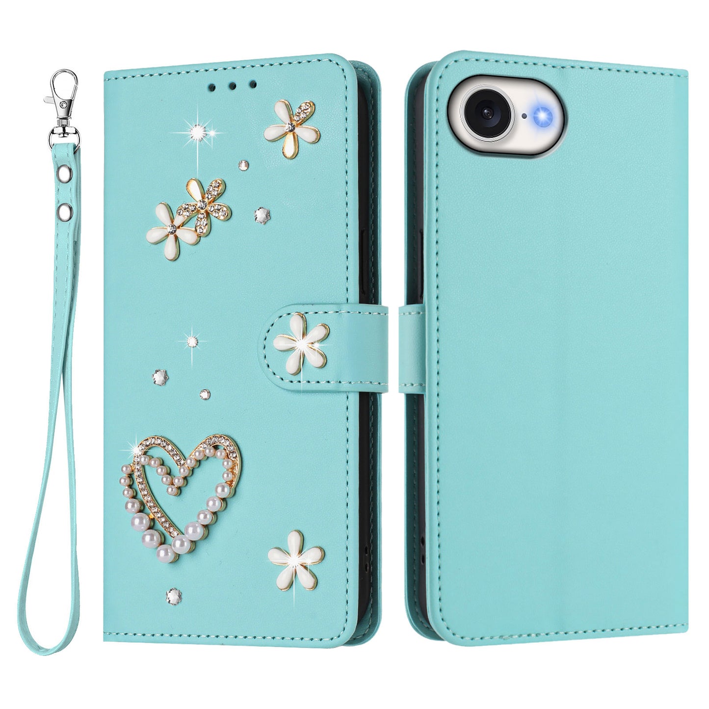 For iPhone 17e / iPhone 16e Case Pearls Heart Diamond Flower Decor Leather Wallet Phone Cover with Wrist Strap
