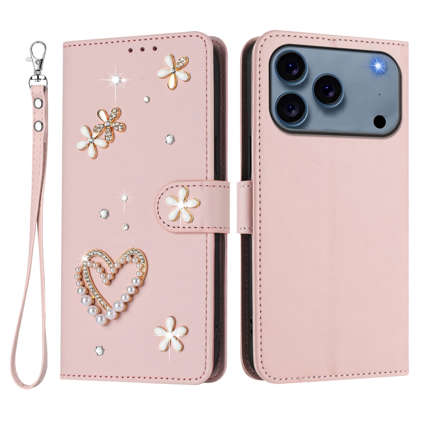 For iPhone 17 Pro Case Pearls Heart Diamond Flower Decor Leather Wallet Phone Cover with Wrist Strap
