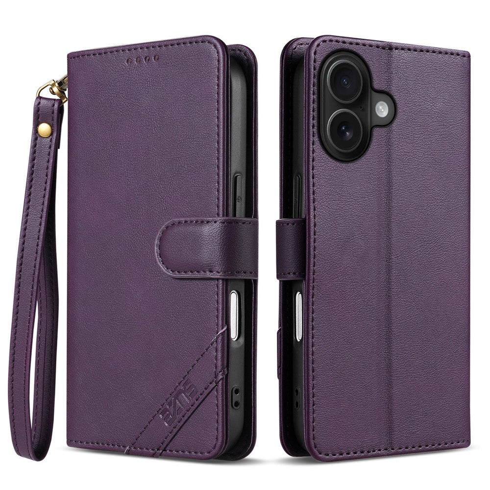 AZNS A2 for iPhone 16 Leather Case with Wrist Strap RFID Blocking Wallet Stand Phone Cover