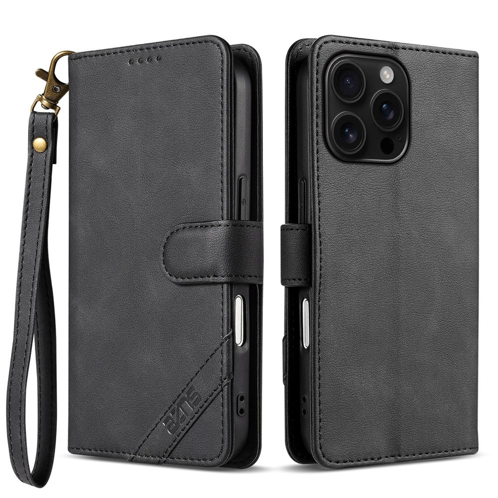 AZNS A2 for iPhone 16 Pro Max Leather Case with Wrist Strap RFID Blocking Wallet Stand Phone Cover