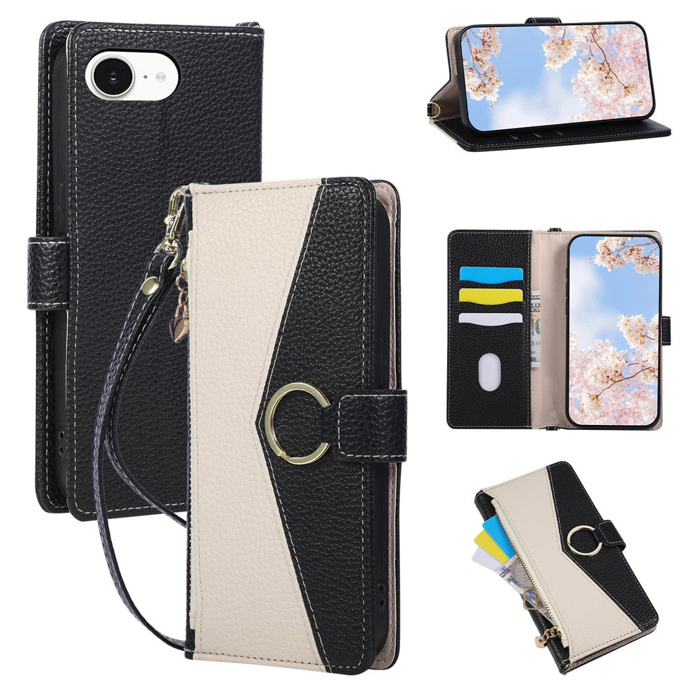 Wallet Case for iPhone 17e / 16e Triangular Splicing Zipper Leather Flip Cover with Wrist Strap