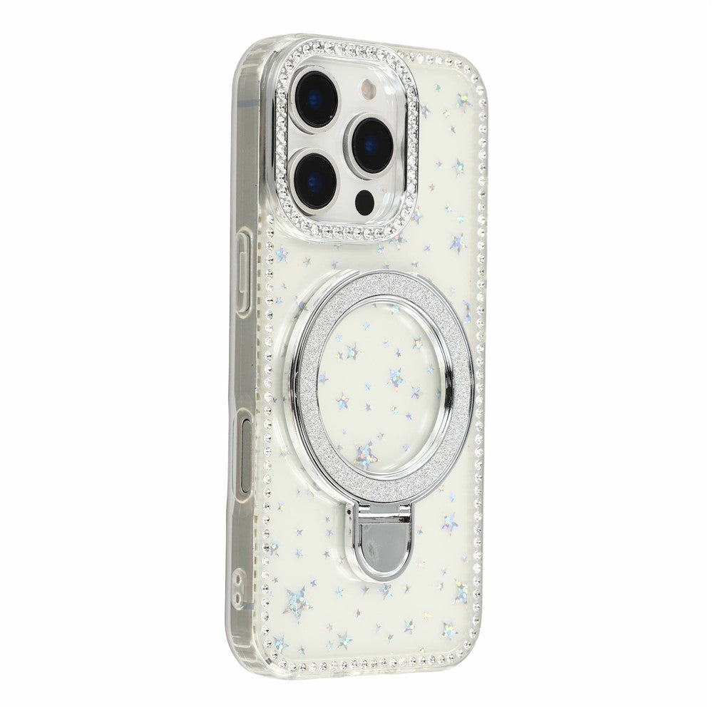 For iPhone 16 Pro Max Case Kickstand Rhinestone Edge Glitter Back TPU + PC IMD Phone Cover