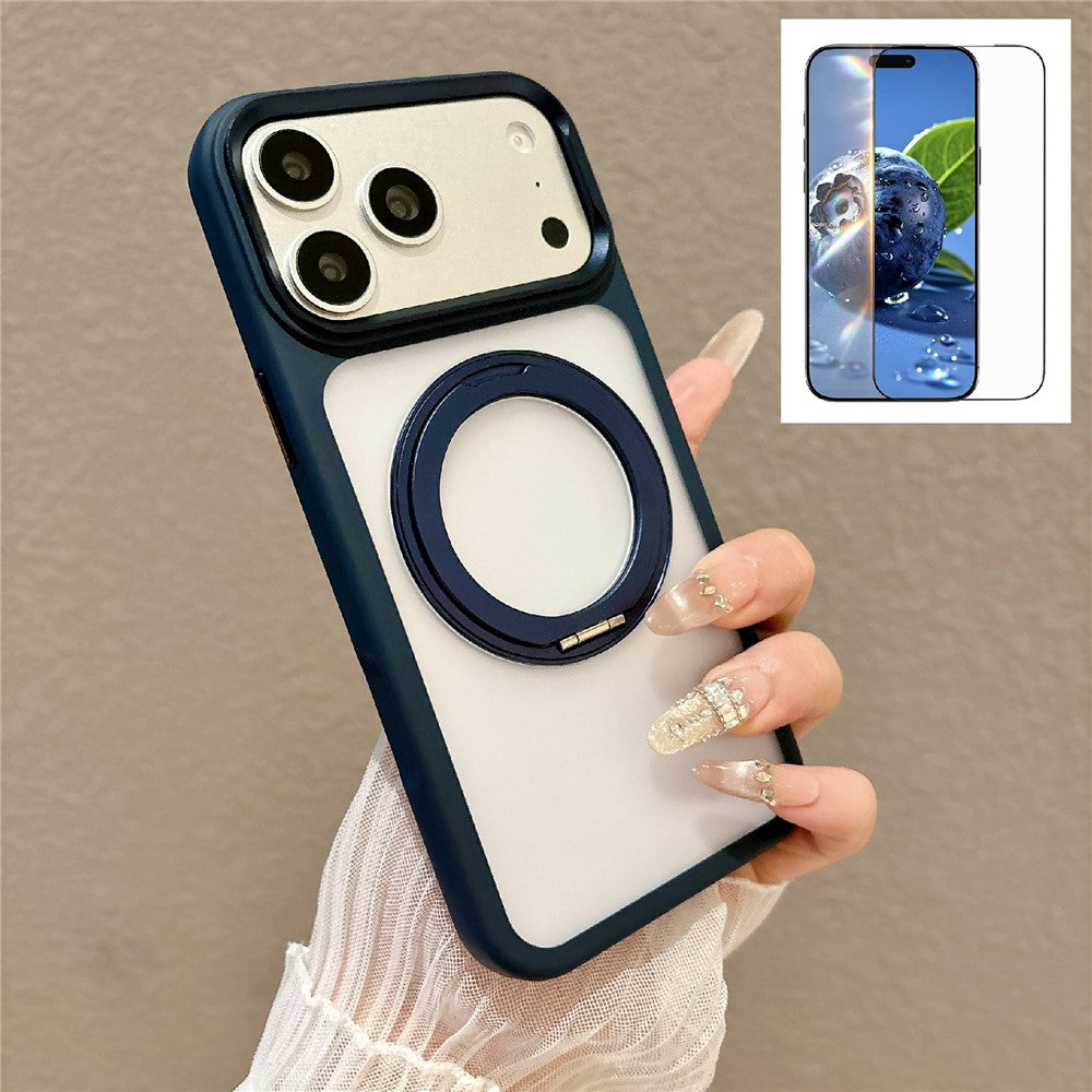 For iPhone 17 Pro Magnetic Case with Tempered Glass 360° Ring Kickstand Matte Translucent Cover Compatible with MagSafe