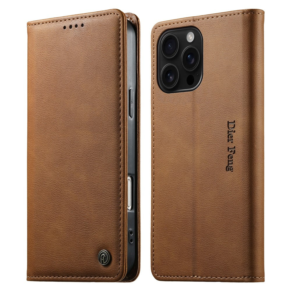 DIERFENG DF-019 for iPhone 16 Pro Max Leather Wallet Case Card Slots RFID Blocking Magnetic Flip Cover