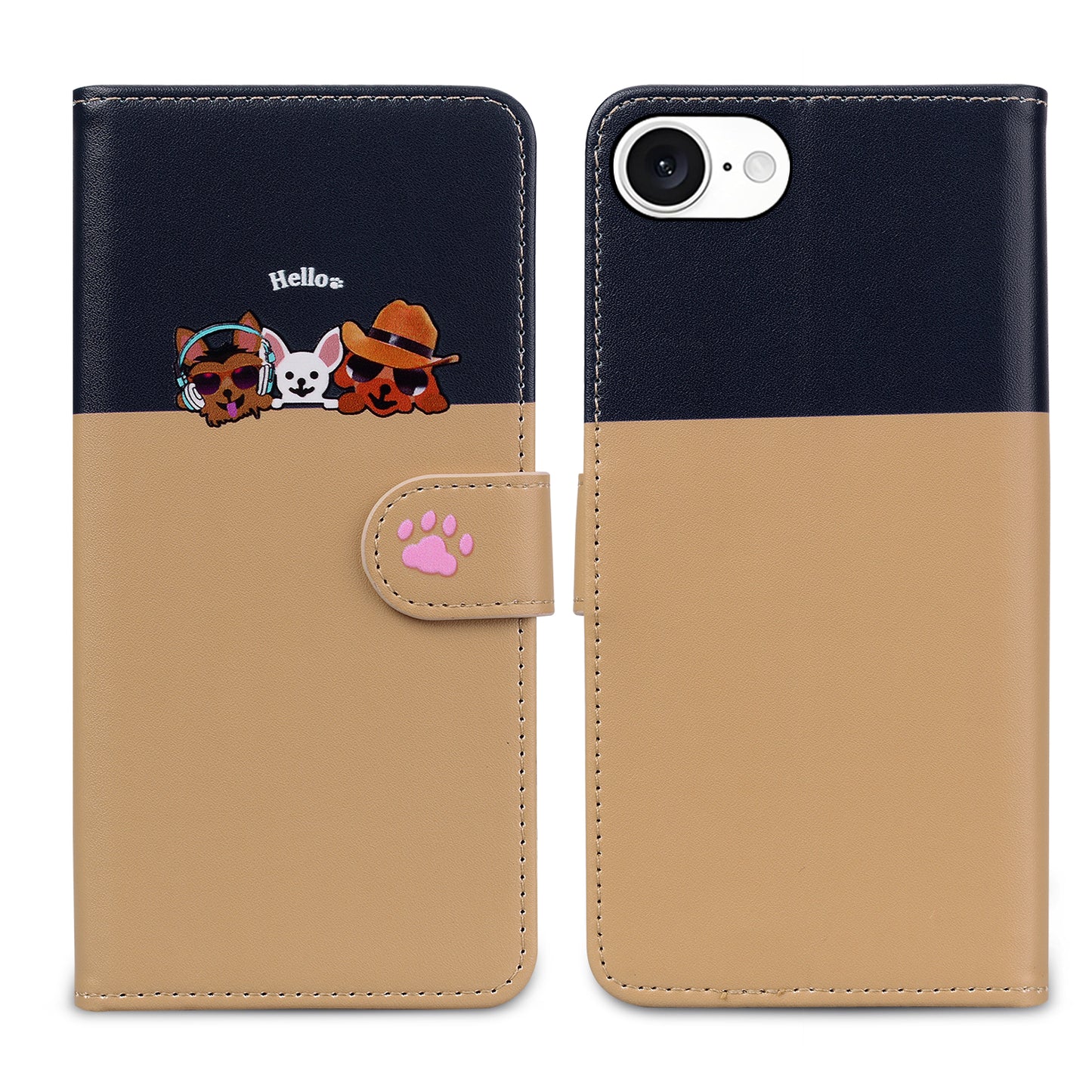 For iPhone 16e / iPhone 17e Cartoon Pet Series Wallet Phone Case Splicing Leather Flip Cover