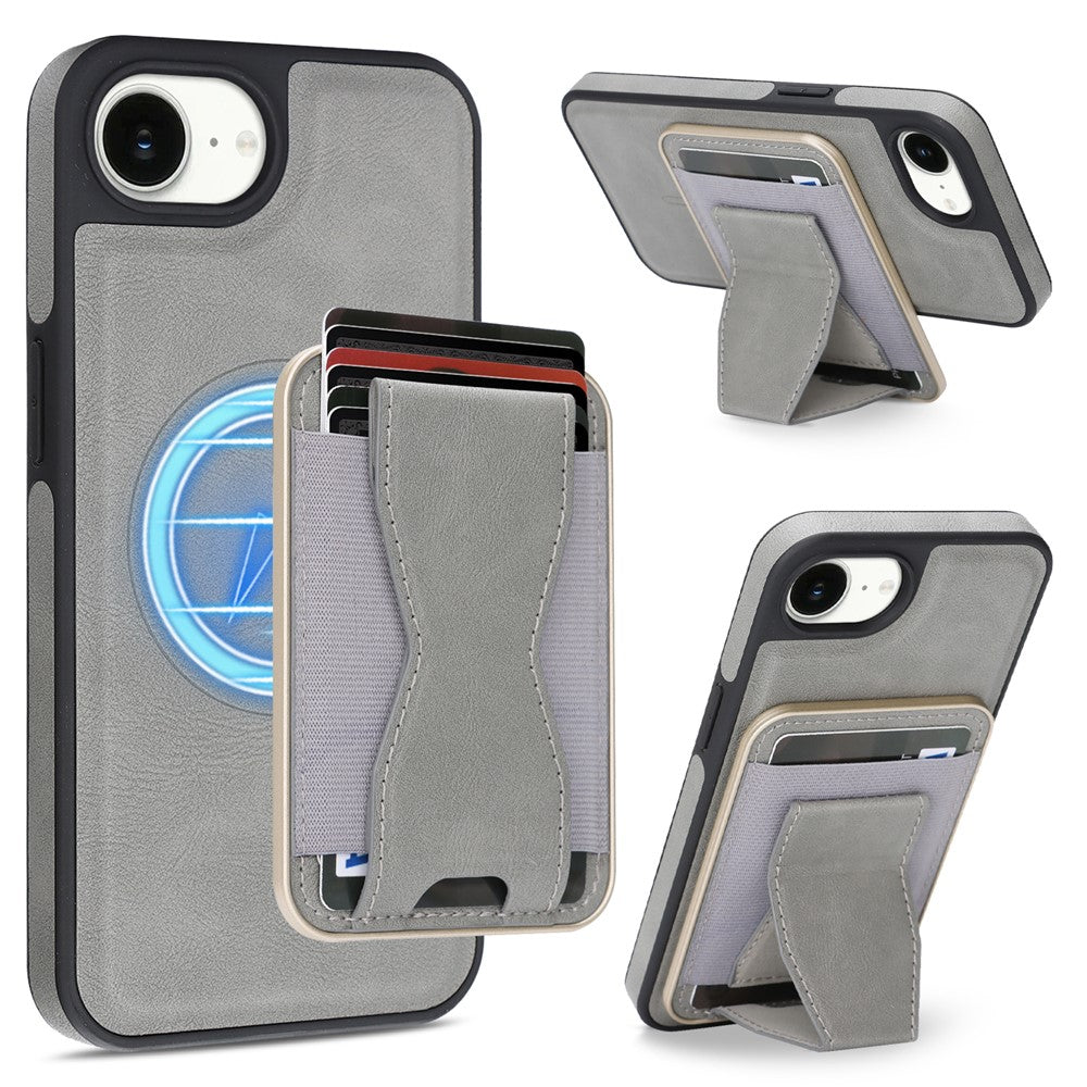 For iPhone 16e / 17e Magnetic Case with Detachable Card Holder Kickstand TPU + PU Back Cover Compatible with MagSafe