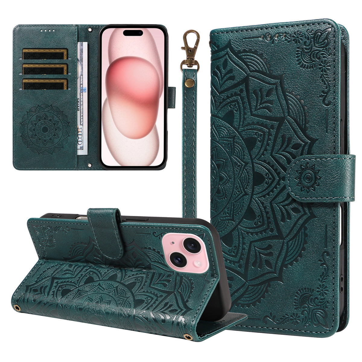 For iPhone 15 Wallet Case Embossed Mandala Pattern PU Leather + TPU Cover with Wrist Strap