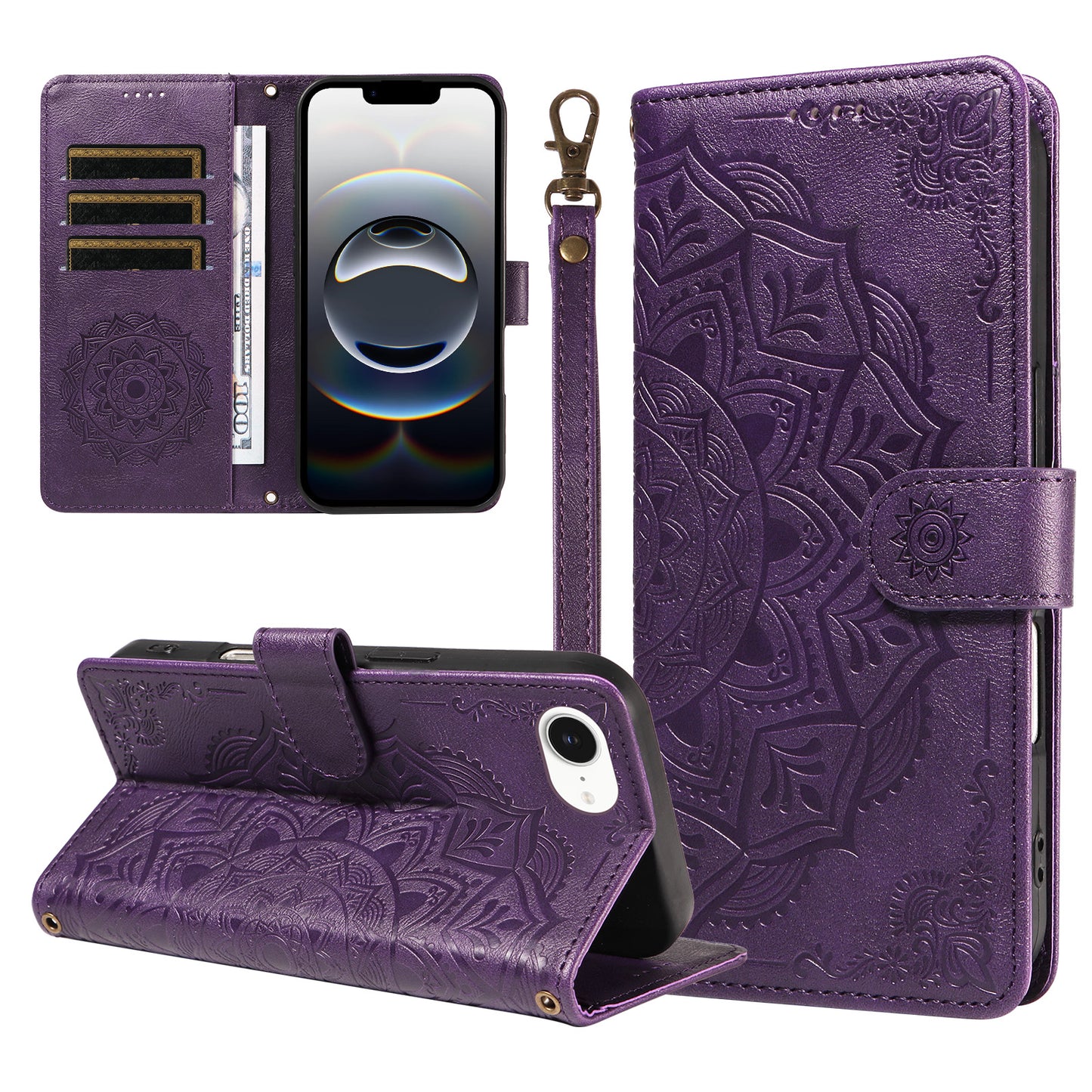 For iPhone 16e / iPhone 17e Wallet Case Embossed Mandala Pattern PU Leather + TPU Cover with Wrist Strap