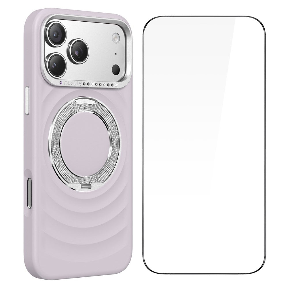 For iPhone 17 Pro Max Magnetic Case with 360° Rotating Ring Stand Wave Ripple Cover + Tempered Glass Screen Protector