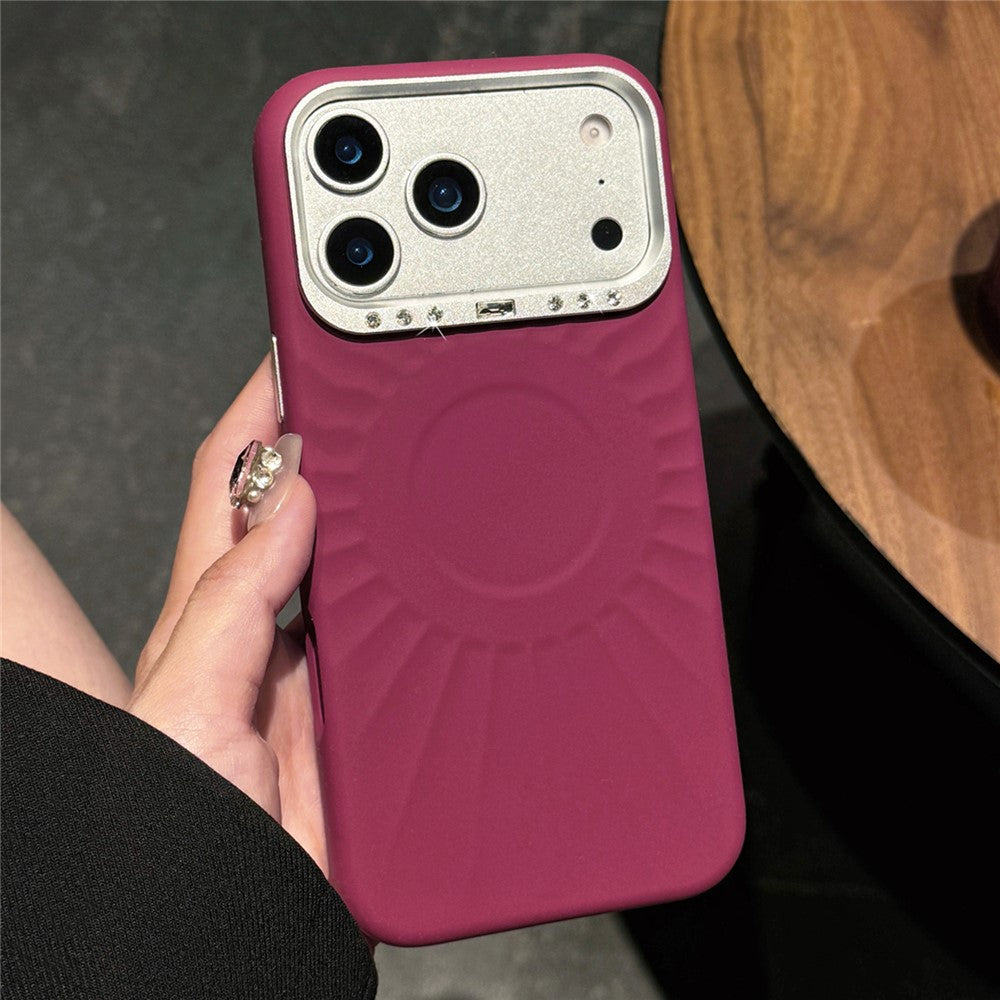 For iPhone 17 Pro Case Compatible with MagSafe Sun Pattern Rhinestone Metal Camera Frame Liquid Silicone Phone Cover