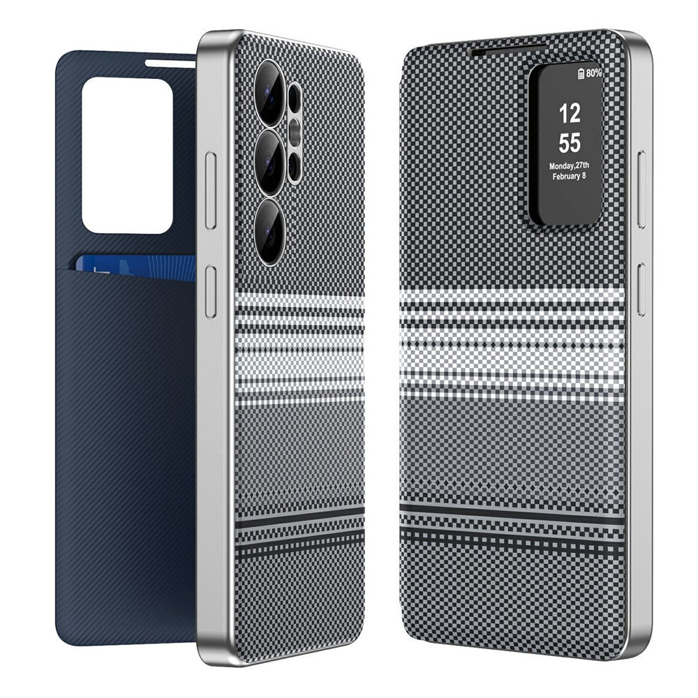 For Samsung Galaxy S25 Ultra Case Card Slot View Window Gradient Color Checkered Pattern Leather Phone Cover