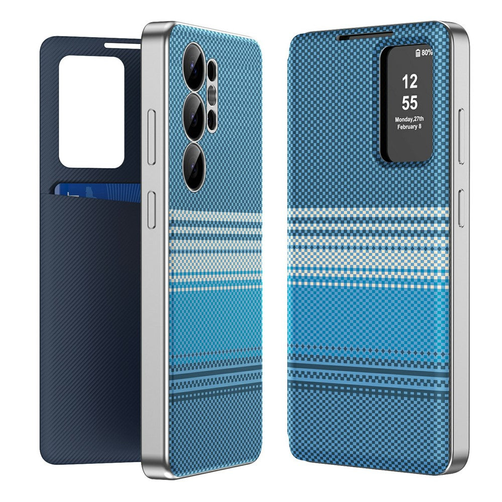 For Samsung Galaxy S25 Ultra Case Card Slot View Window Gradient Color Checkered Pattern Leather Phone Cover