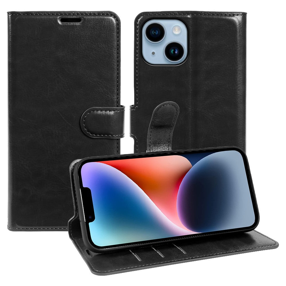 For iPhone 14 Plus Wallet Case Crazy Horse Texture Leather Flip Phone Cover with Magnetic Closure