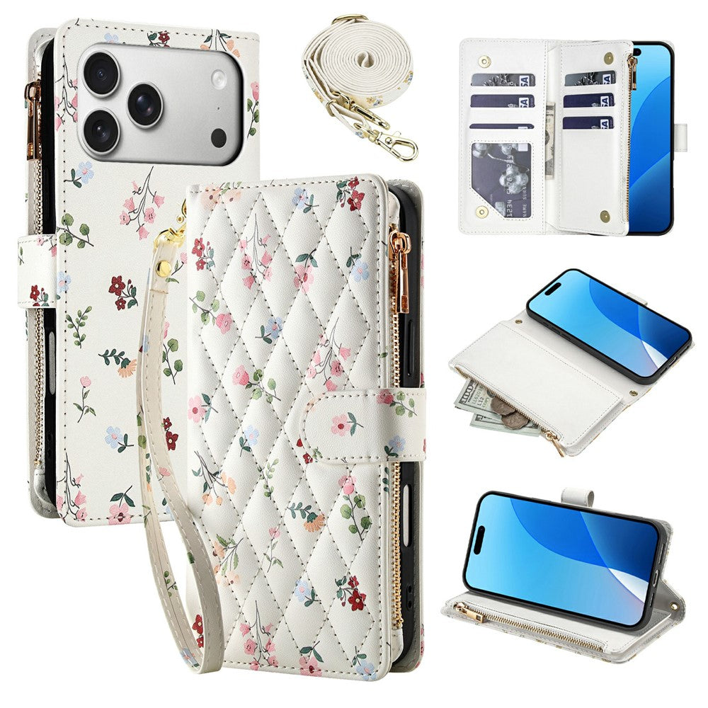For iPhone 17 Pro Leather Case with Wrist Strap / Shoulder Strap Rhombic Floral Pattern Zipper Wallet Phone Cover