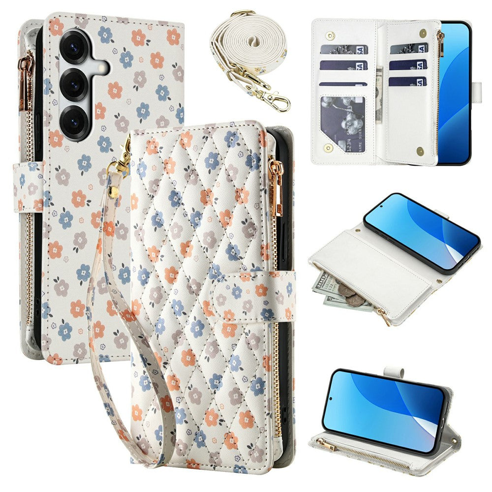 For Samsung Galaxy S26+ Leather Case with Wrist Strap / Shoulder Strap Rhombic Floral Pattern Zipper Wallet Phone Cover