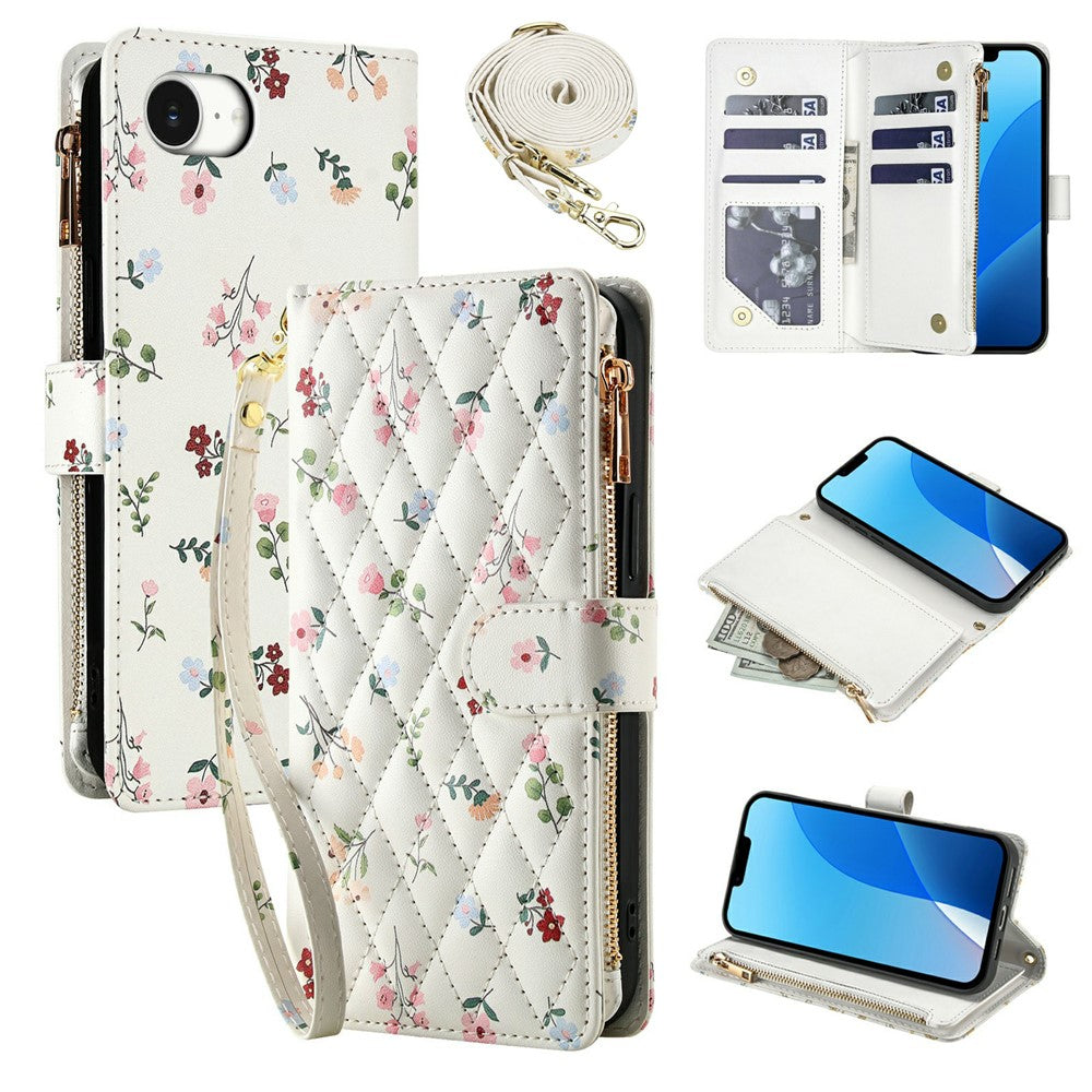 For iPhone 17e / 16e Leather Case with Wrist Strap / Shoulder Strap Rhombic Floral Pattern Zipper Wallet Phone Cover