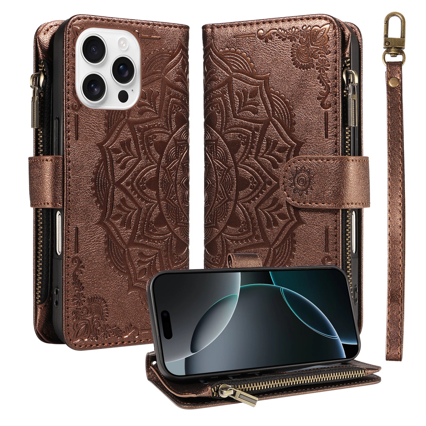 For iPhone 16 Pro Max Wallet Case Mandala Embossed Leather Flip Cover 9 Card Slots Zipper Pocket RFID Blocking Shell with Wrist Strap