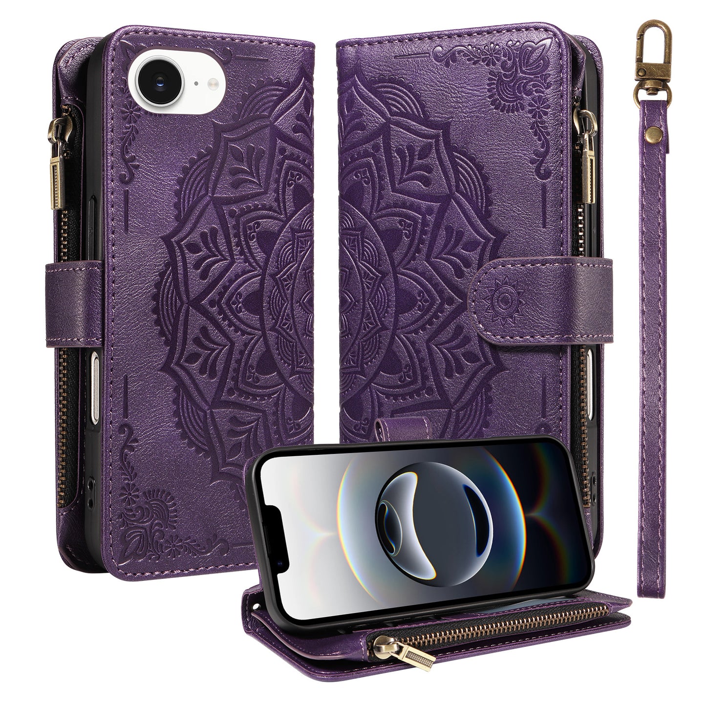 For iPhone 16e / iPhone 17e Wallet Case Mandala Embossed Leather Flip Cover 9 Card Slots Zipper Pocket RFID Blocking Shell with Wrist Strap