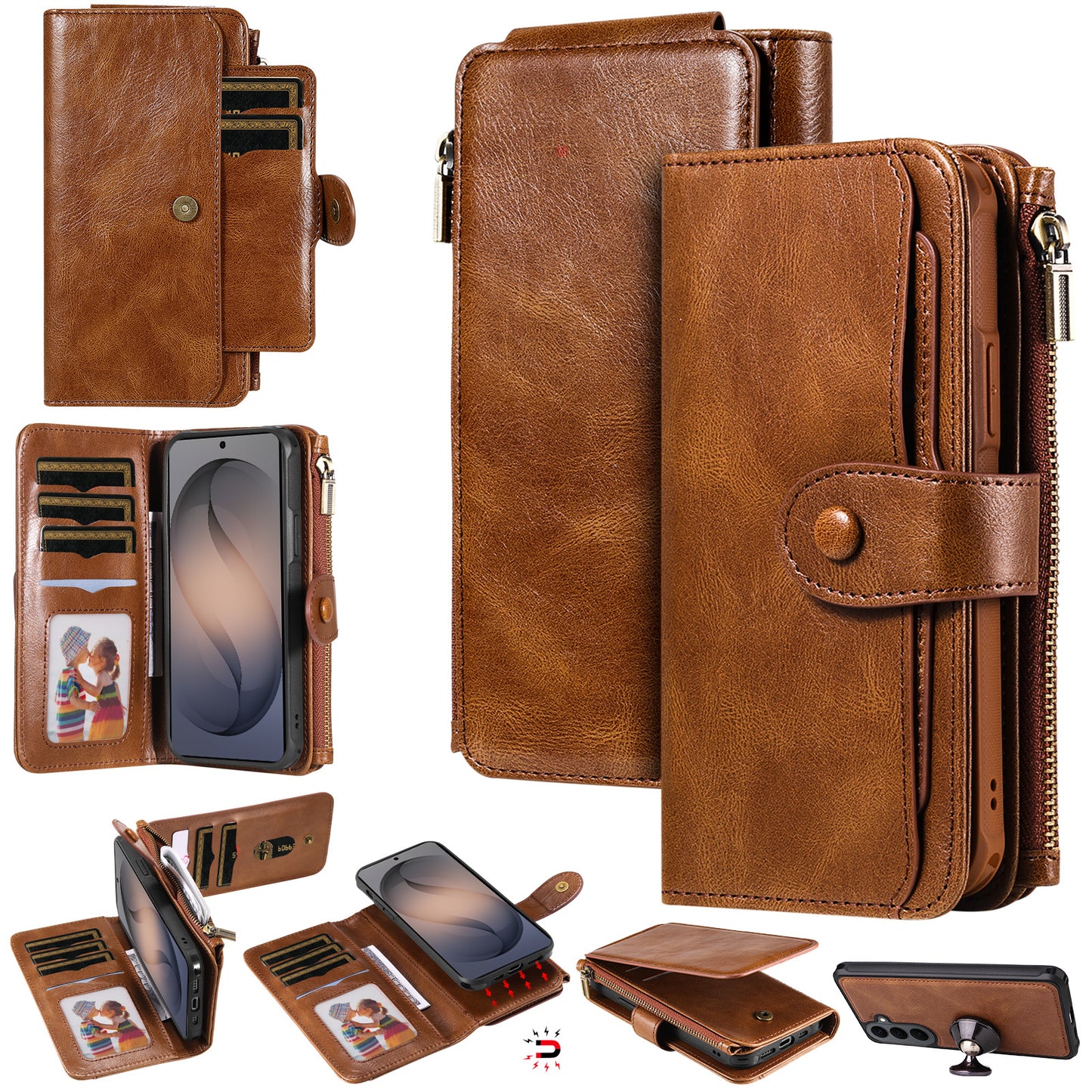 For Samsung Galaxy S26+ Phone Case PU Leather Zipper Wallet Detachable Cover