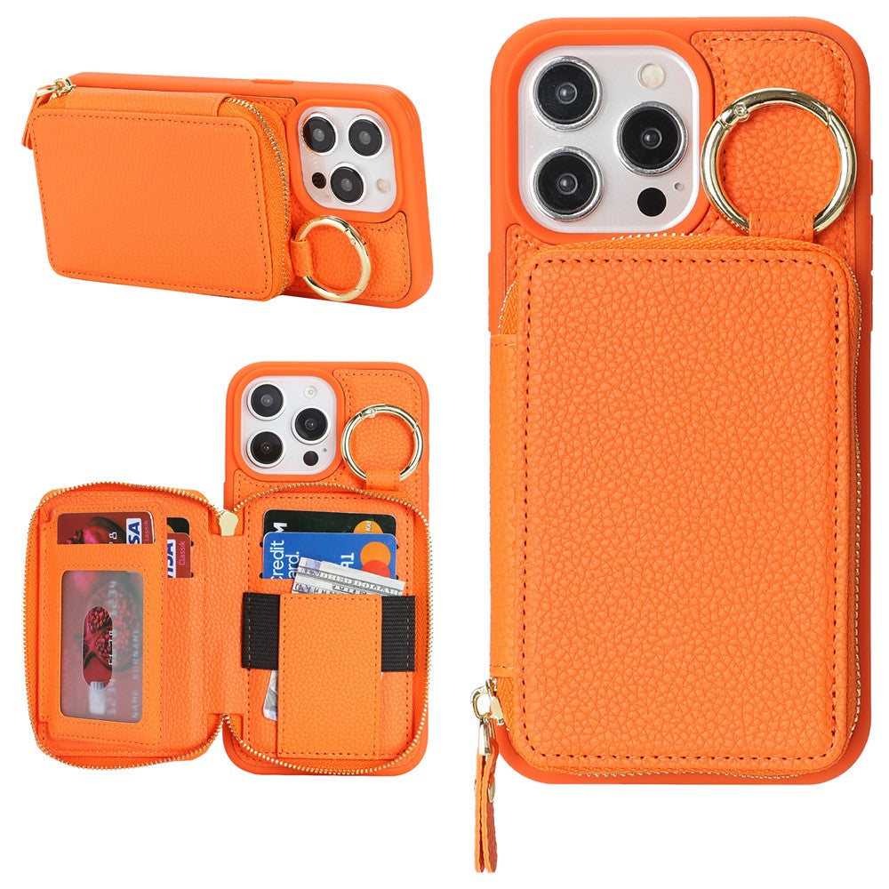 For iPhone 15 Pro Max Zipper Wallet Case Litchi Texture Leather Back Phone Cover with Metal Ring Holder