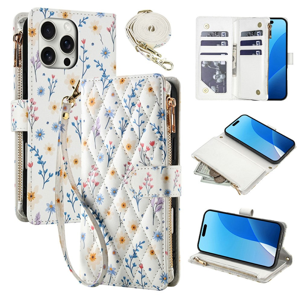 For iPhone 16 Pro Max Leather Case with Wrist Strap / Shoulder Strap Rhombic Floral Pattern Zipper Wallet Phone Cover