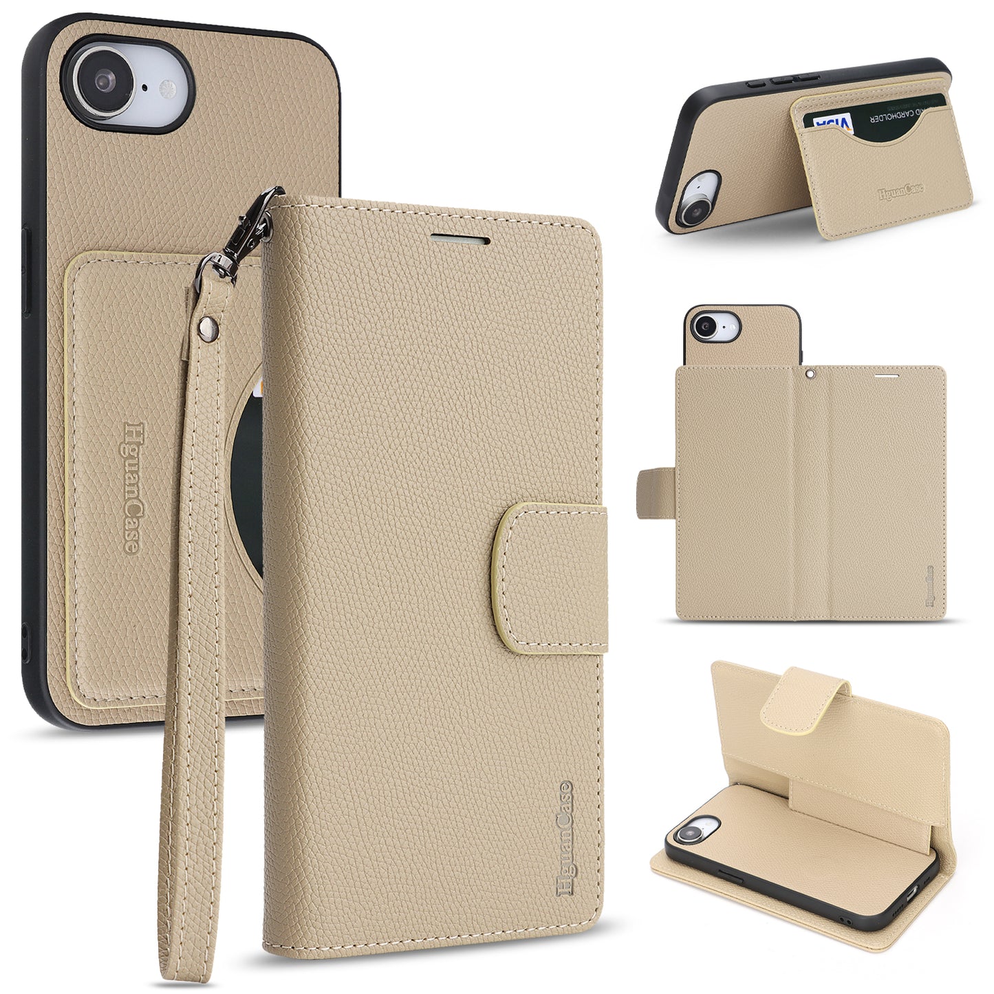 For iPhone 16e / iPhone 17e HGUANCASE Case Wallet Stand Detachable Vintage Leather Phone Cover with Wrist Strap
