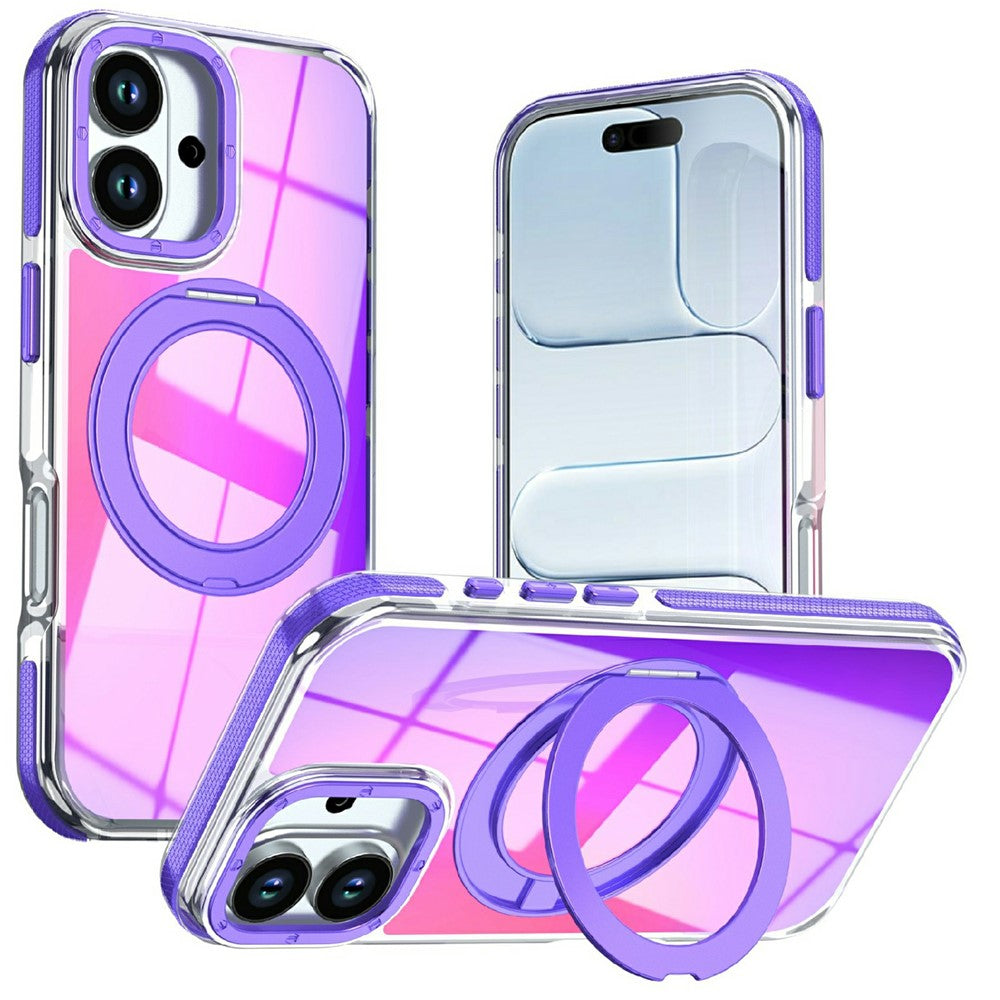 For iPhone 16 Magnetic Case Fluorescent Design TPU Acrylic Phone Back Cover with 360° Rotating Kickstand