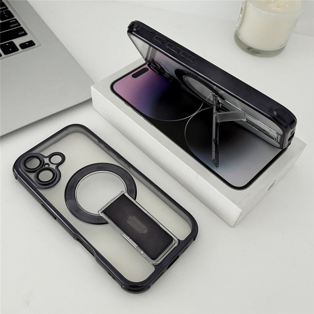 For iPhone 16 Magnetic Case Electroplated Kickstand PC+TPU Protective Cover with Lens Film